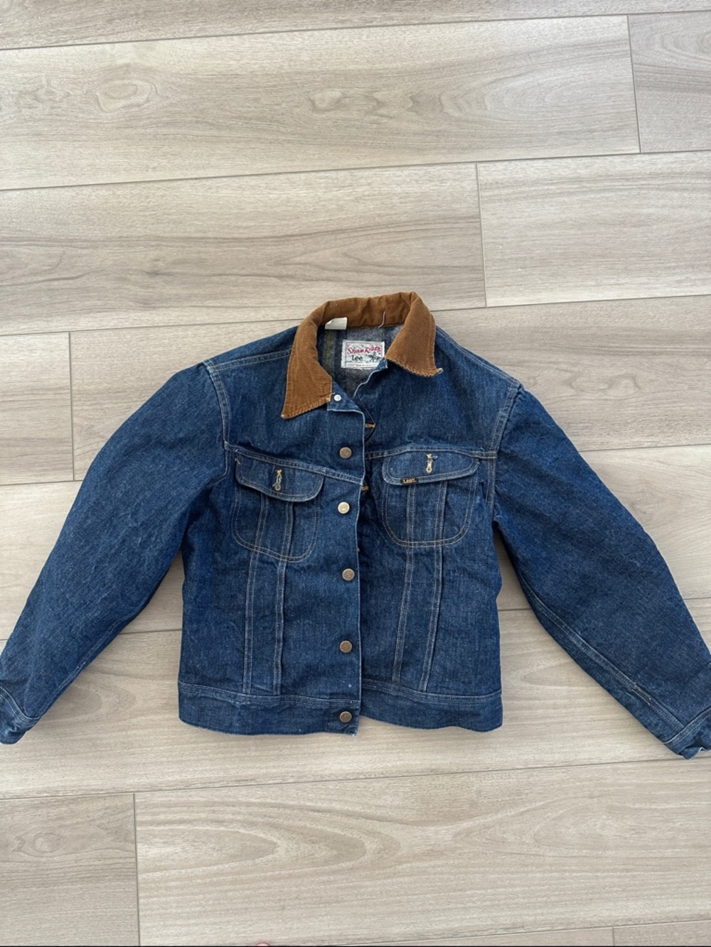 Vintage Unisex Padded Denim Jacket with Brown Corduroy Collar